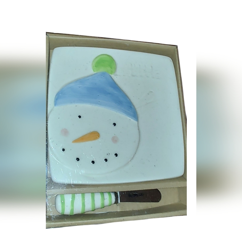 Snowman Christmas Holiday Cheese Board with Spreader